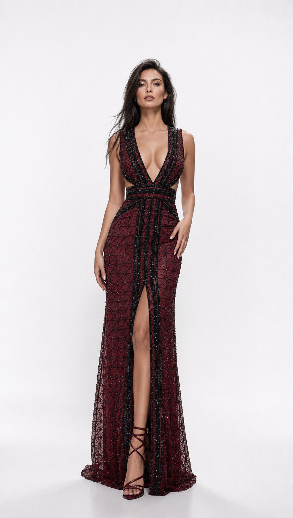 Beaded Plunging V-Neck Evening Gown – KDSA44078