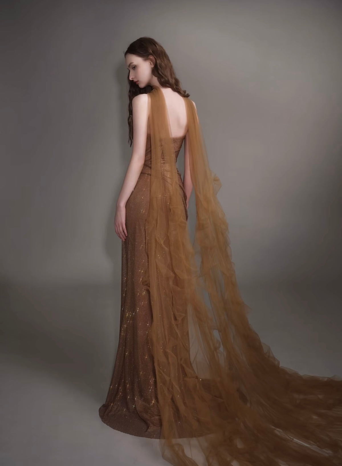 Crystal-Trimmed Strapless Gown with Draped Scarf – TBL440642