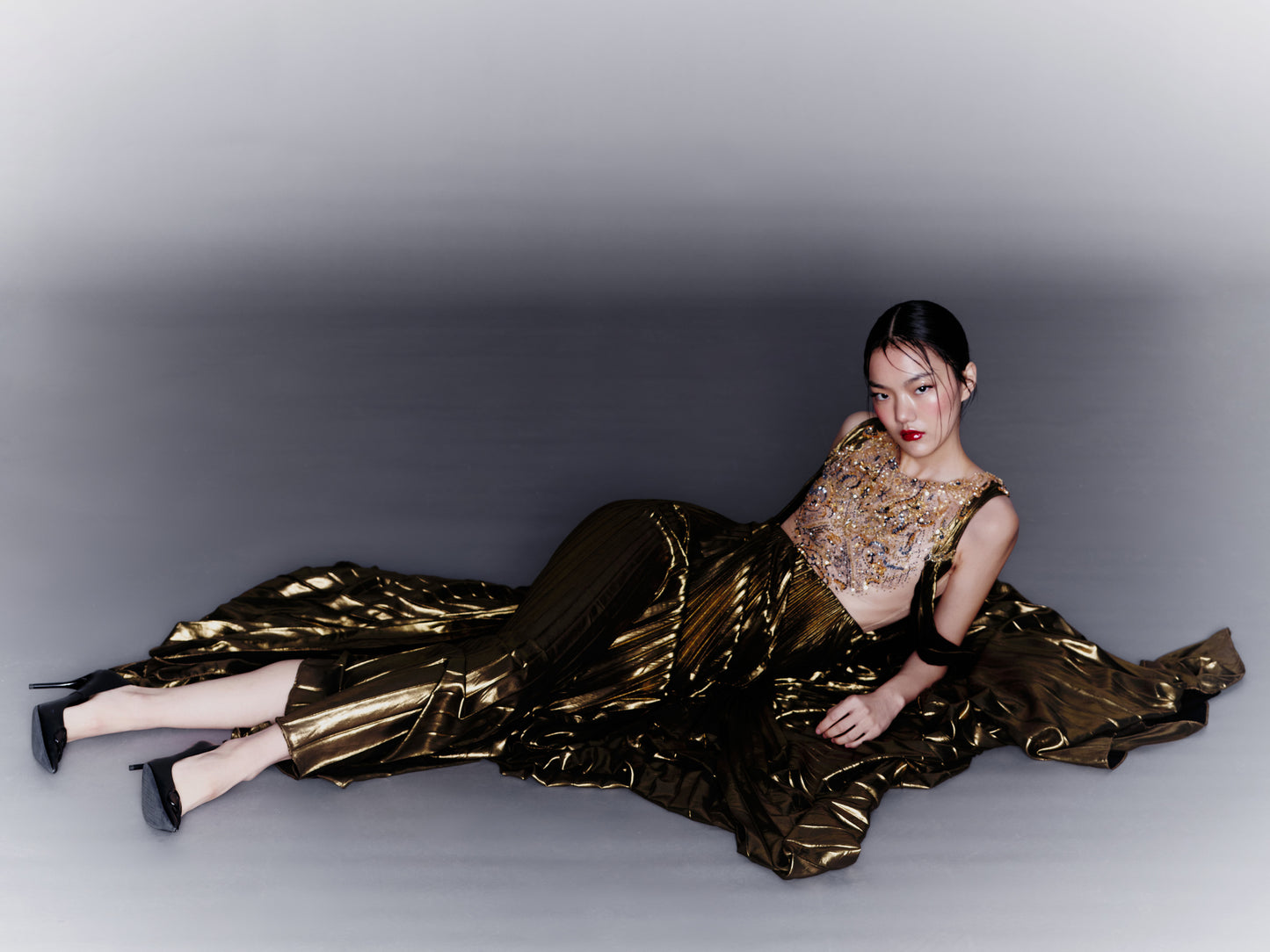 V&LOVE Gold Foil Embellished Pleated Gown — view 4