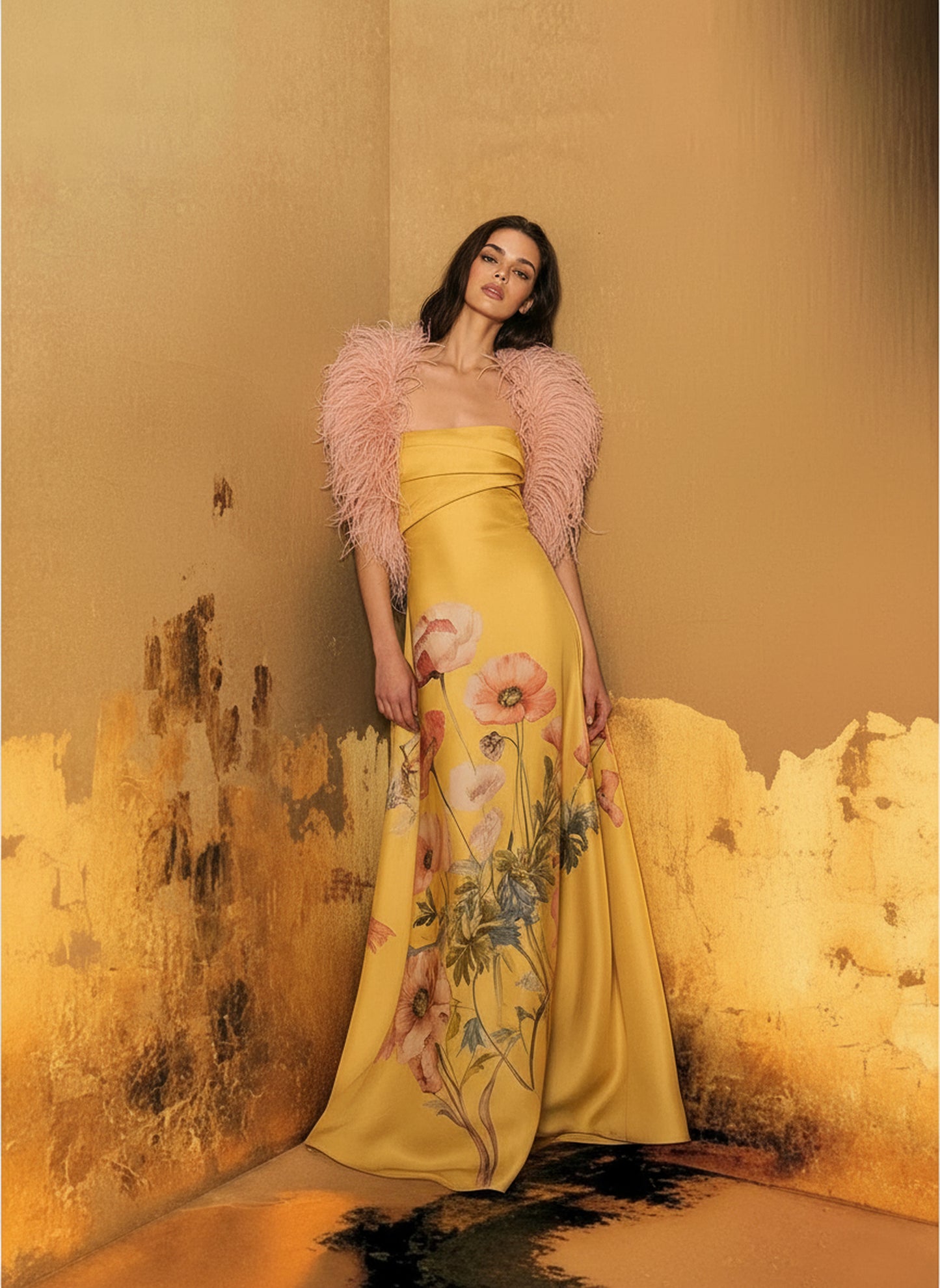 V&LOVE Poppy Print A-Line Dress with Ostrich Feather Trim — view 3