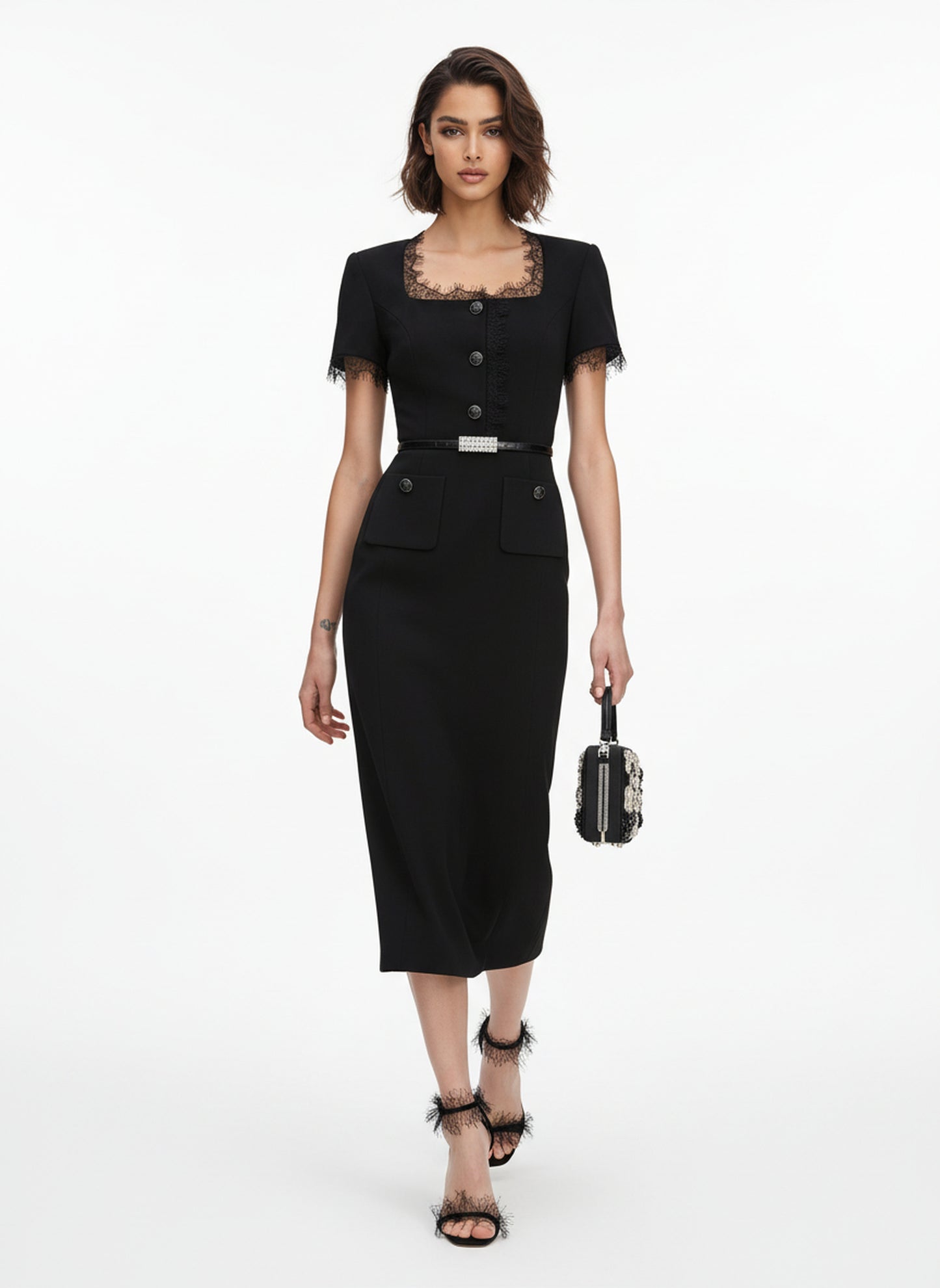 V&LOVE Square-Neck Silk Wool Lace-Trim Dress — view 9