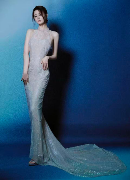 Crystal-Draped Halter Mermaid Gown – TBL440633