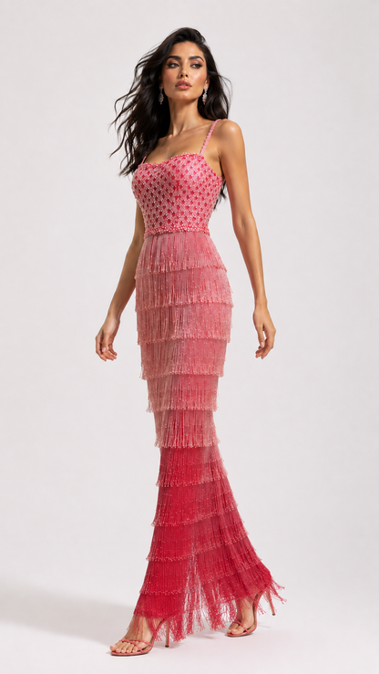 Hand-Beaded Ombre Fringe Evening Gown – TBL44075
