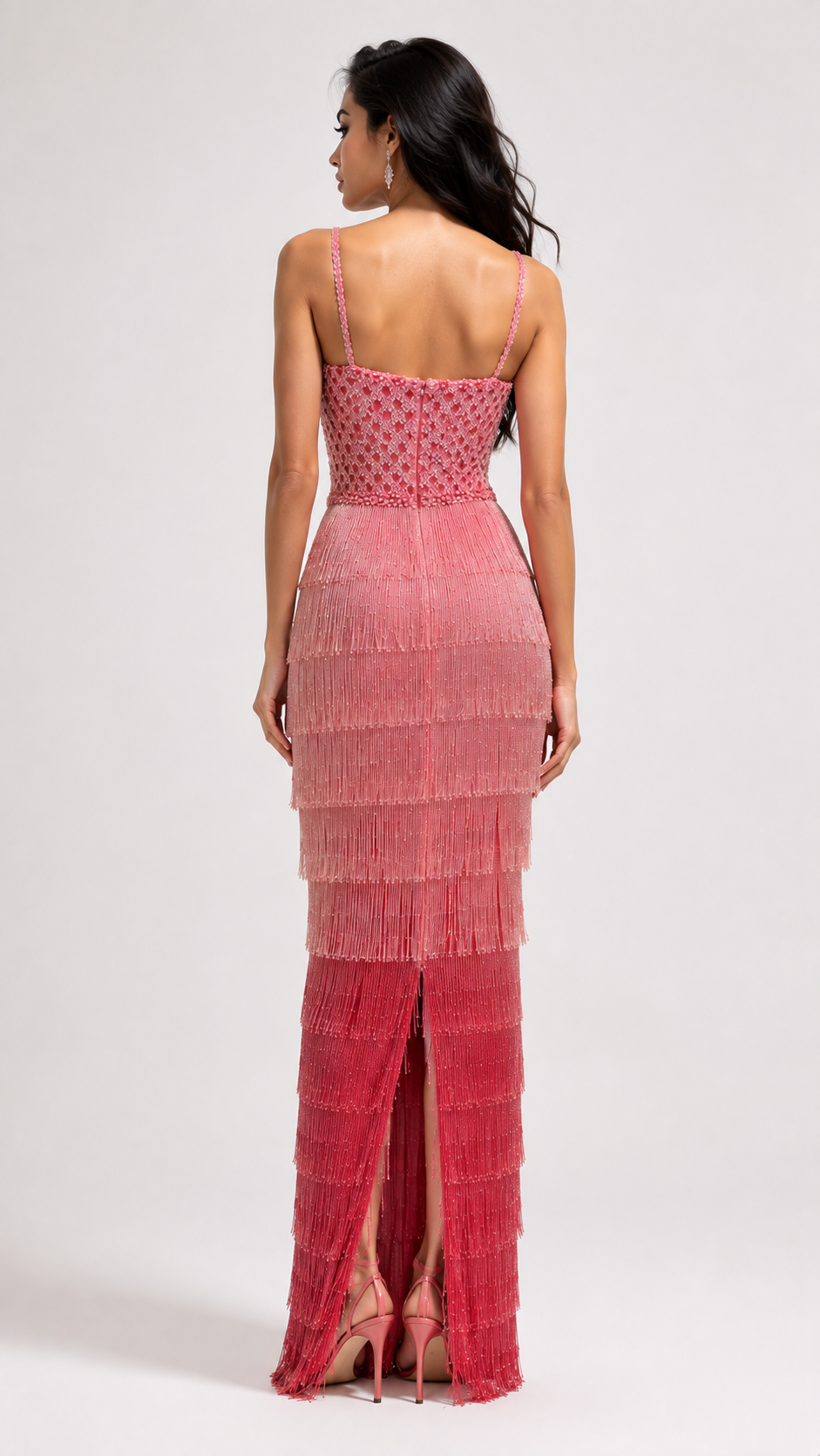 Hand-Beaded Ombre Fringe Evening Gown – TBL44075