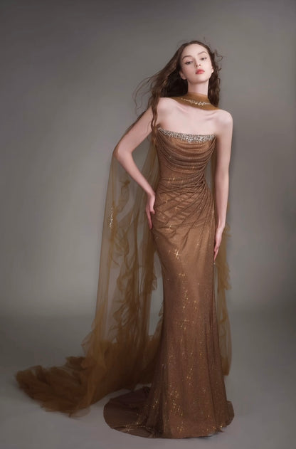Crystal-Trimmed Strapless Gown with Draped Scarf – TBL440642