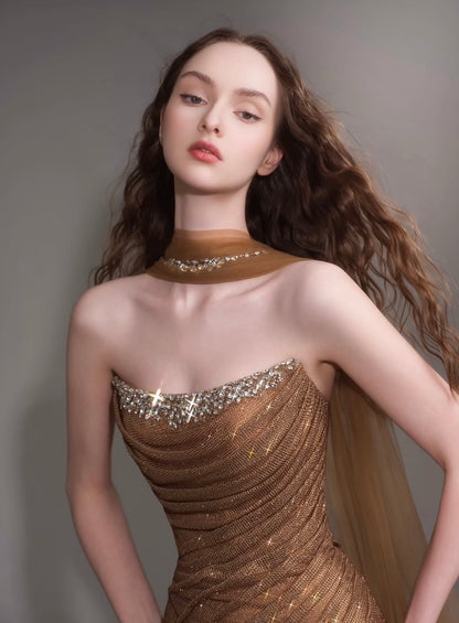 Crystal-Trimmed Strapless Gown with Draped Scarf – TBL440642