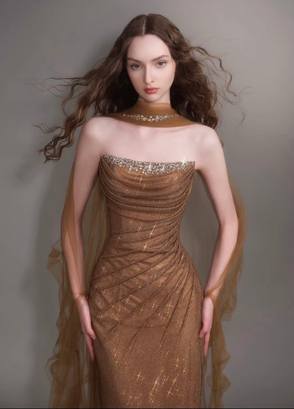 Crystal-Trimmed Strapless Gown with Draped Scarf – TBL440642