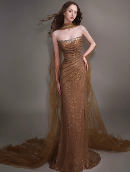 Crystal-Trimmed Strapless Gown with Draped Scarf – TBL440642