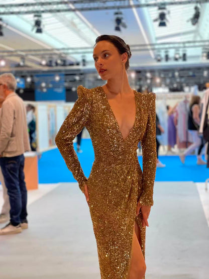 Gold Sequin Plunging V-Neck Gown – TBQ24083