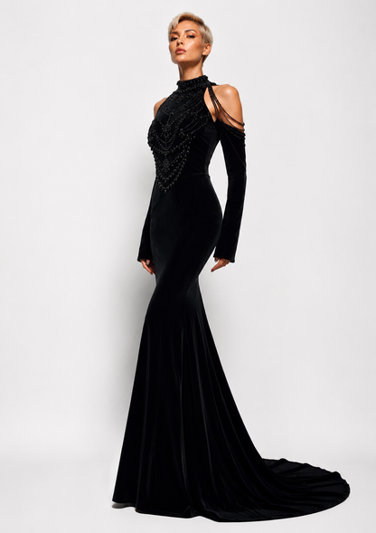 Beaded Cold-Shoulder Velvet Mermaid Gown – KDSA44057