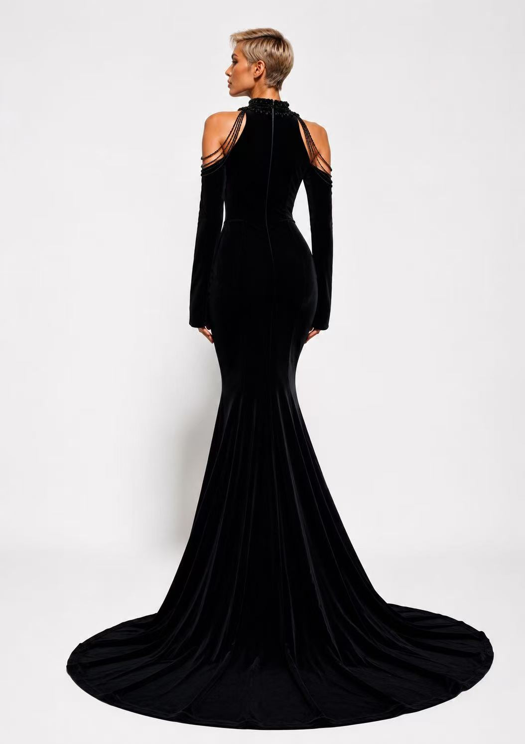 Beaded Cold-Shoulder Velvet Mermaid Gown – KDSA44057