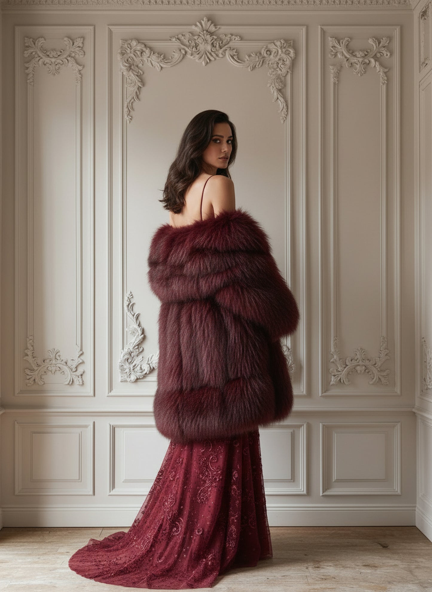 V&LOVE Deep V-Neck Mermaid Faux Fur Gown — view 2