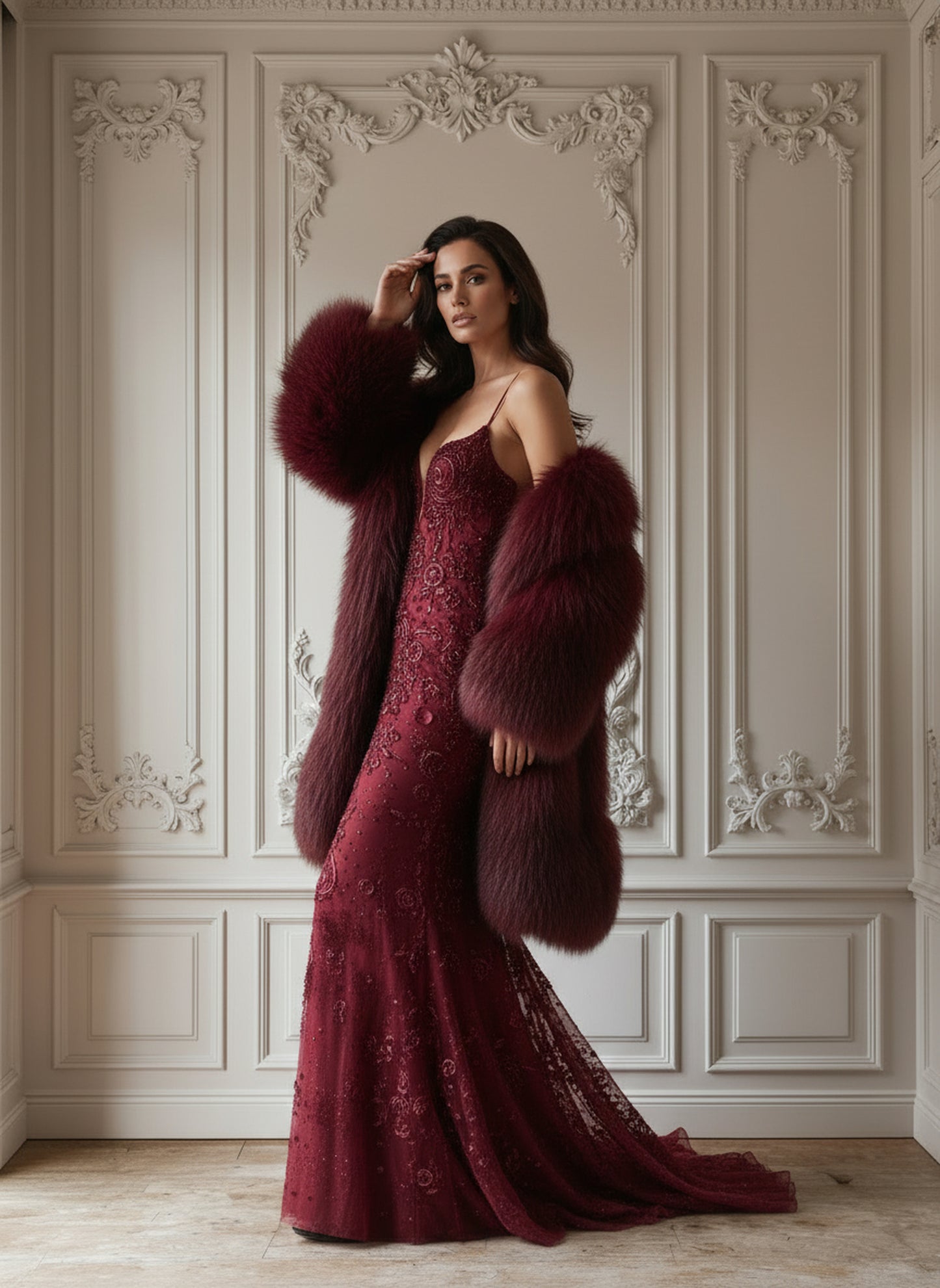 V&LOVE Deep V-Neck Mermaid Faux Fur Gown — view 4