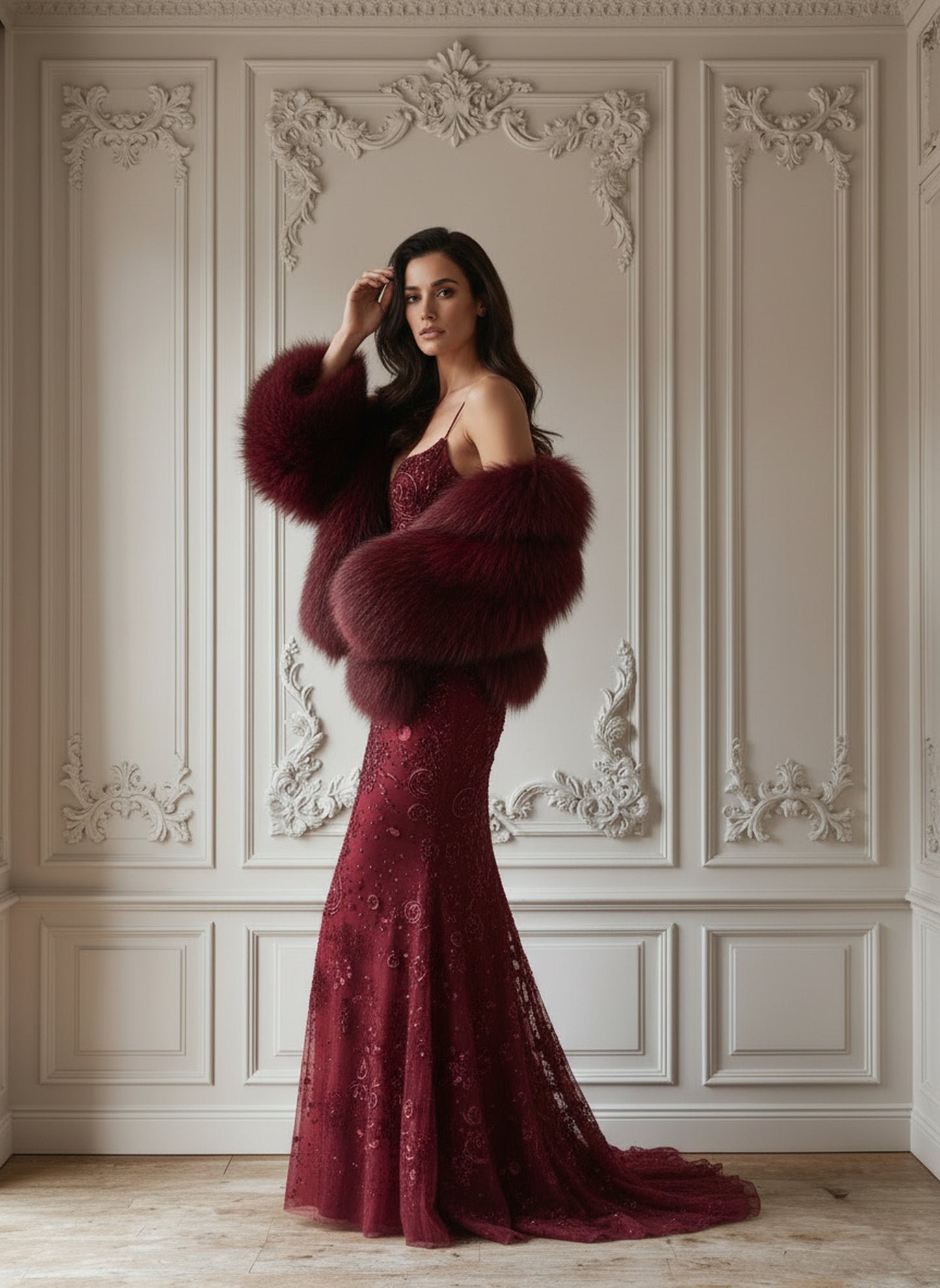 V&LOVE Deep V-Neck Mermaid Faux Fur Gown — view 5