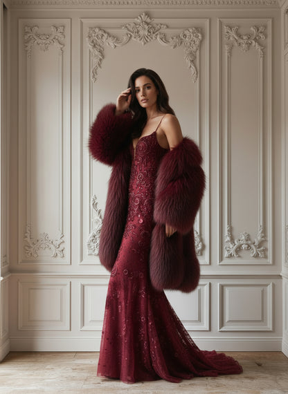 V&LOVE Deep V-Neck Mermaid Faux Fur Gown — view 6