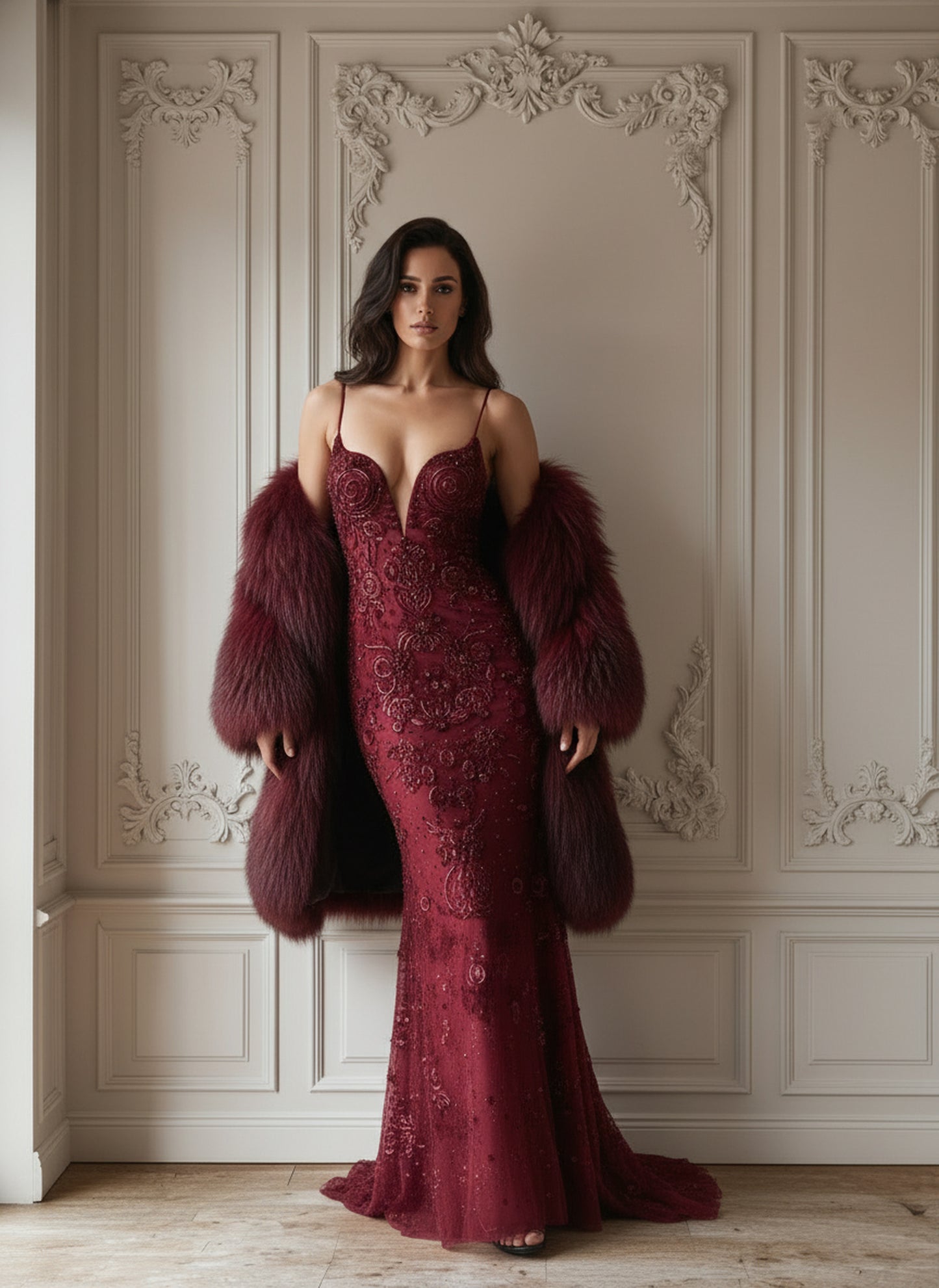 V&LOVE Deep V-Neck Mermaid Faux Fur Gown — view 7