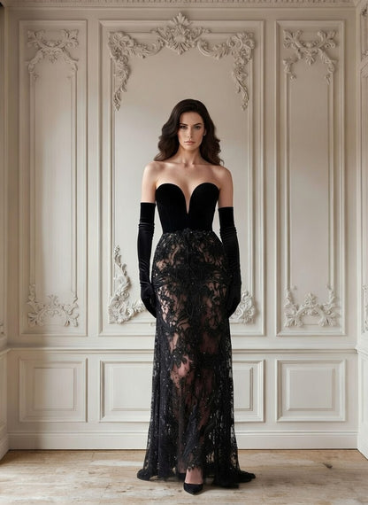 V&LOVE Embellished Strapless Velvet Lace Mermaid Gown — view 6