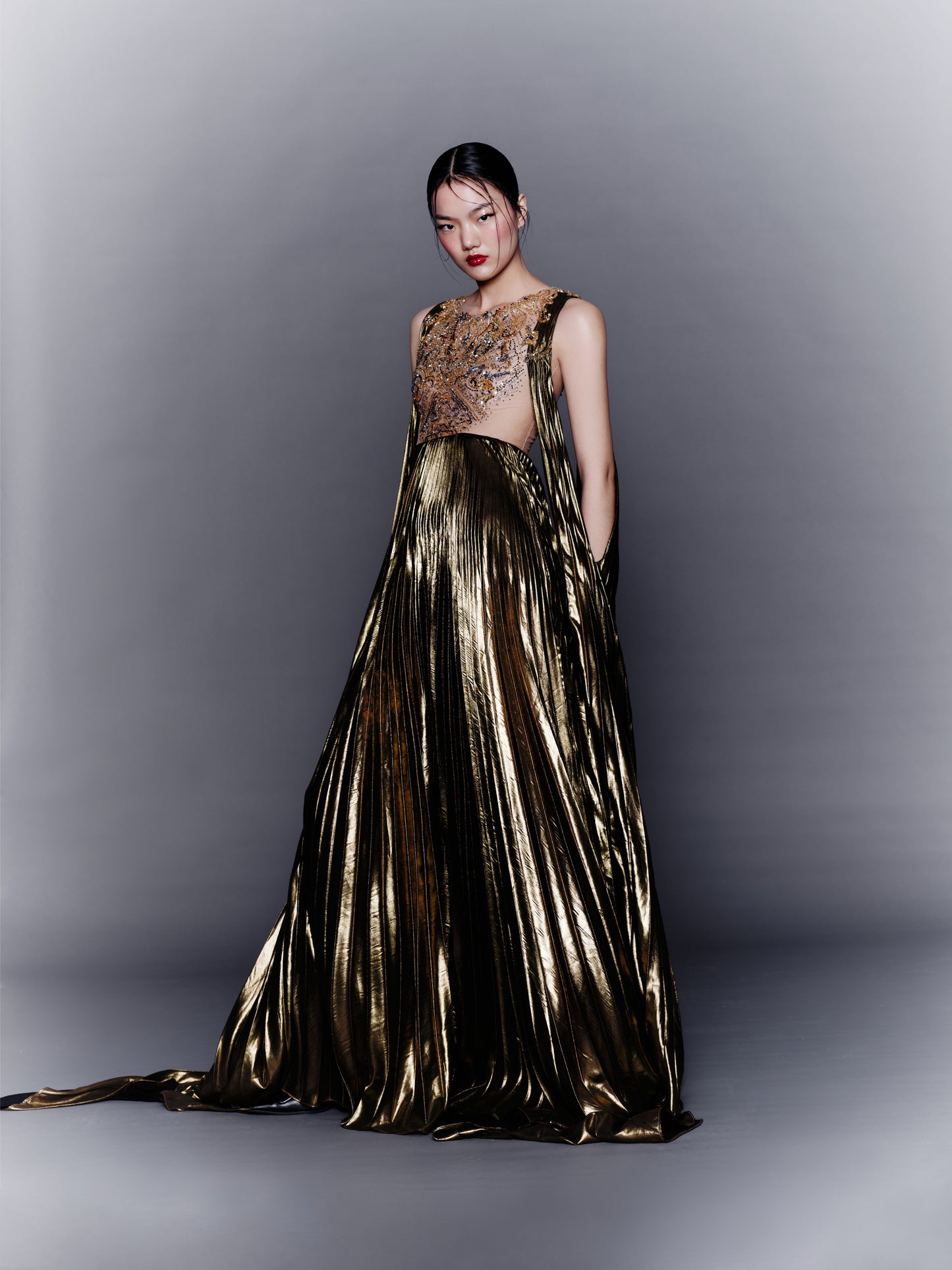 V&LOVE Gold Foil Embellished Pleated Gown — view 2