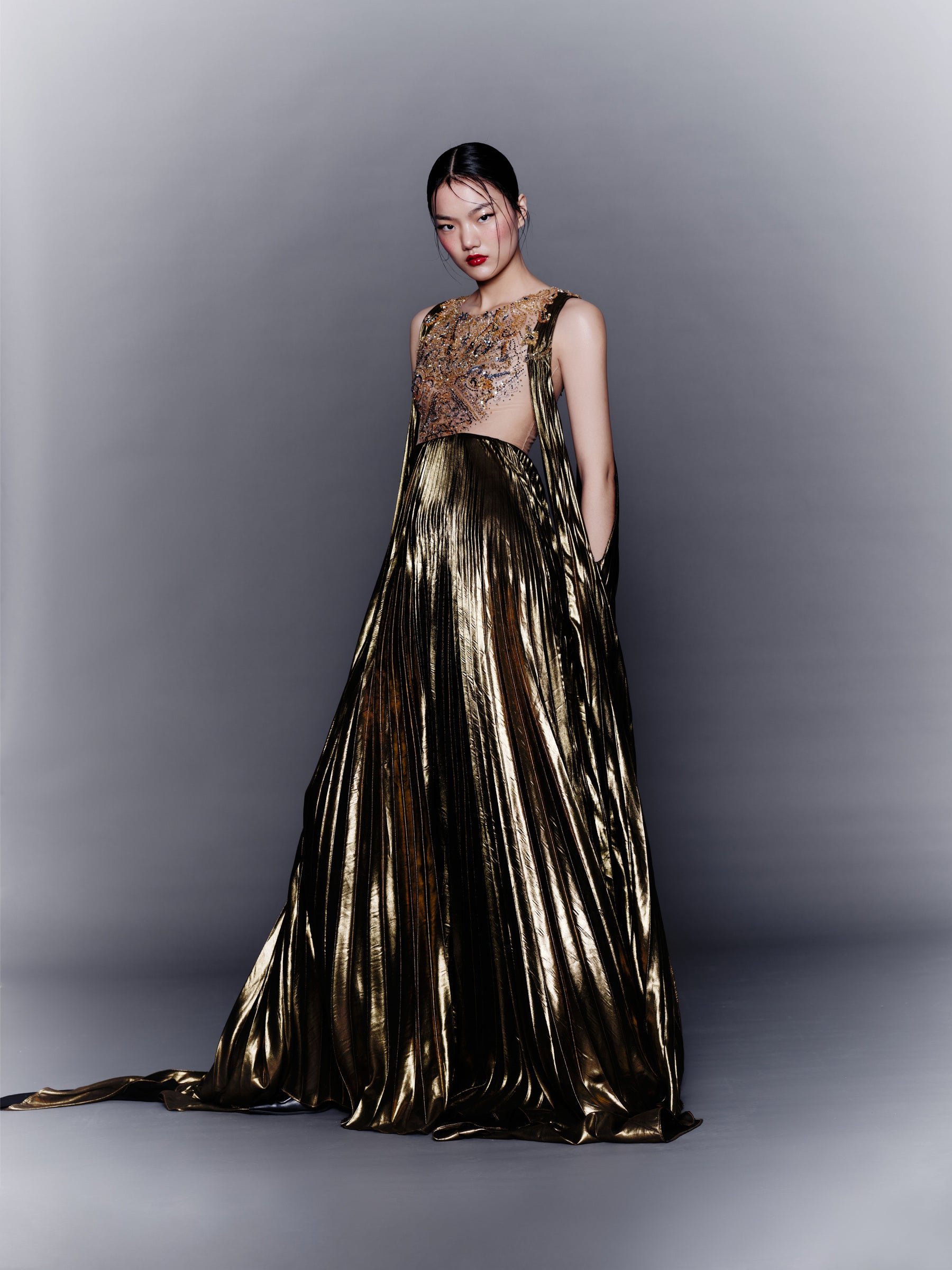 V&LOVE Gold Foil Embellished Pleated Gown — view 2