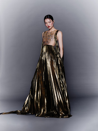 V&LOVE Gold Foil Embellished Pleated Gown — view 2