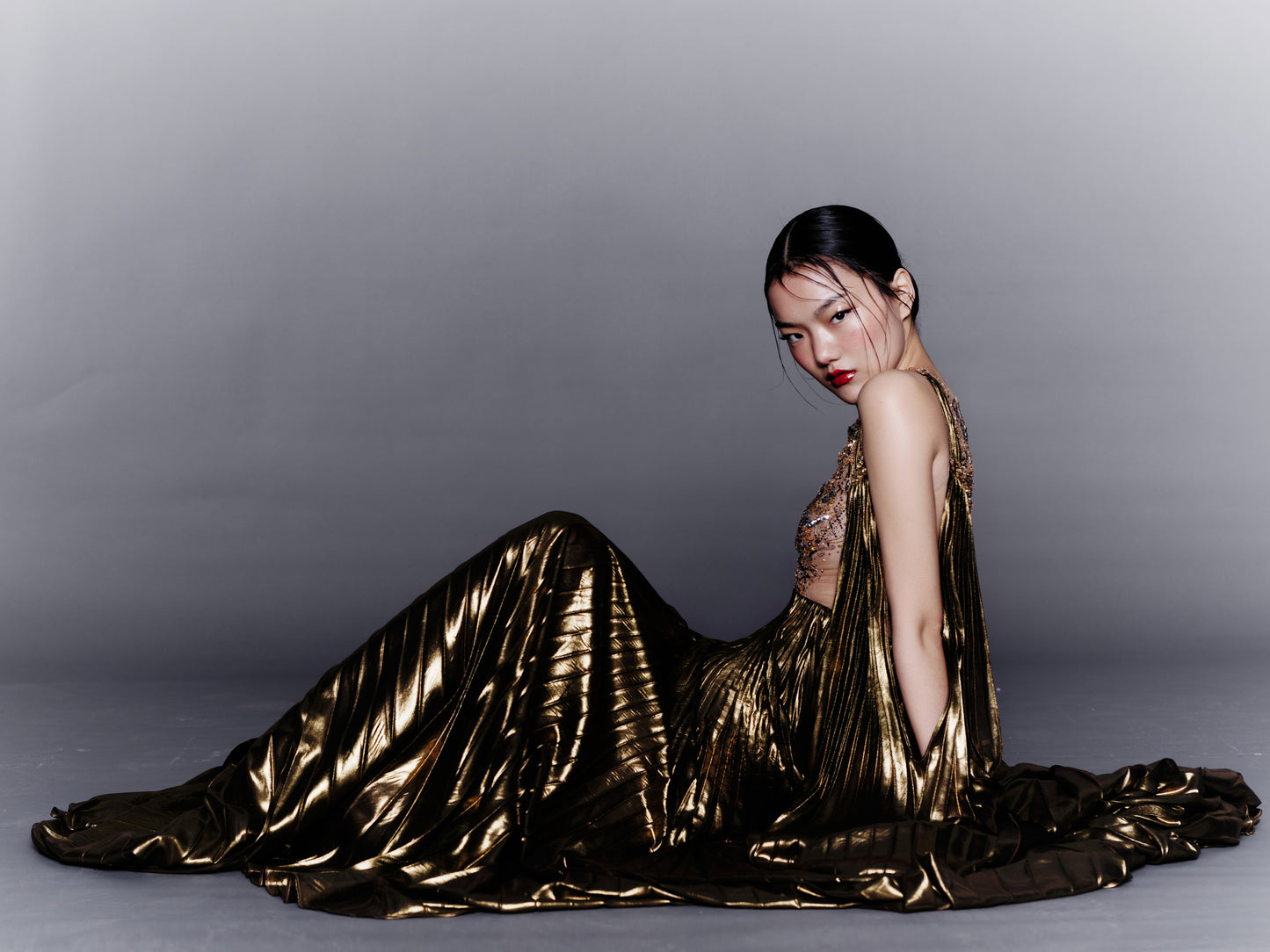 V&LOVE Gold Foil Embellished Pleated Gown — view 3
