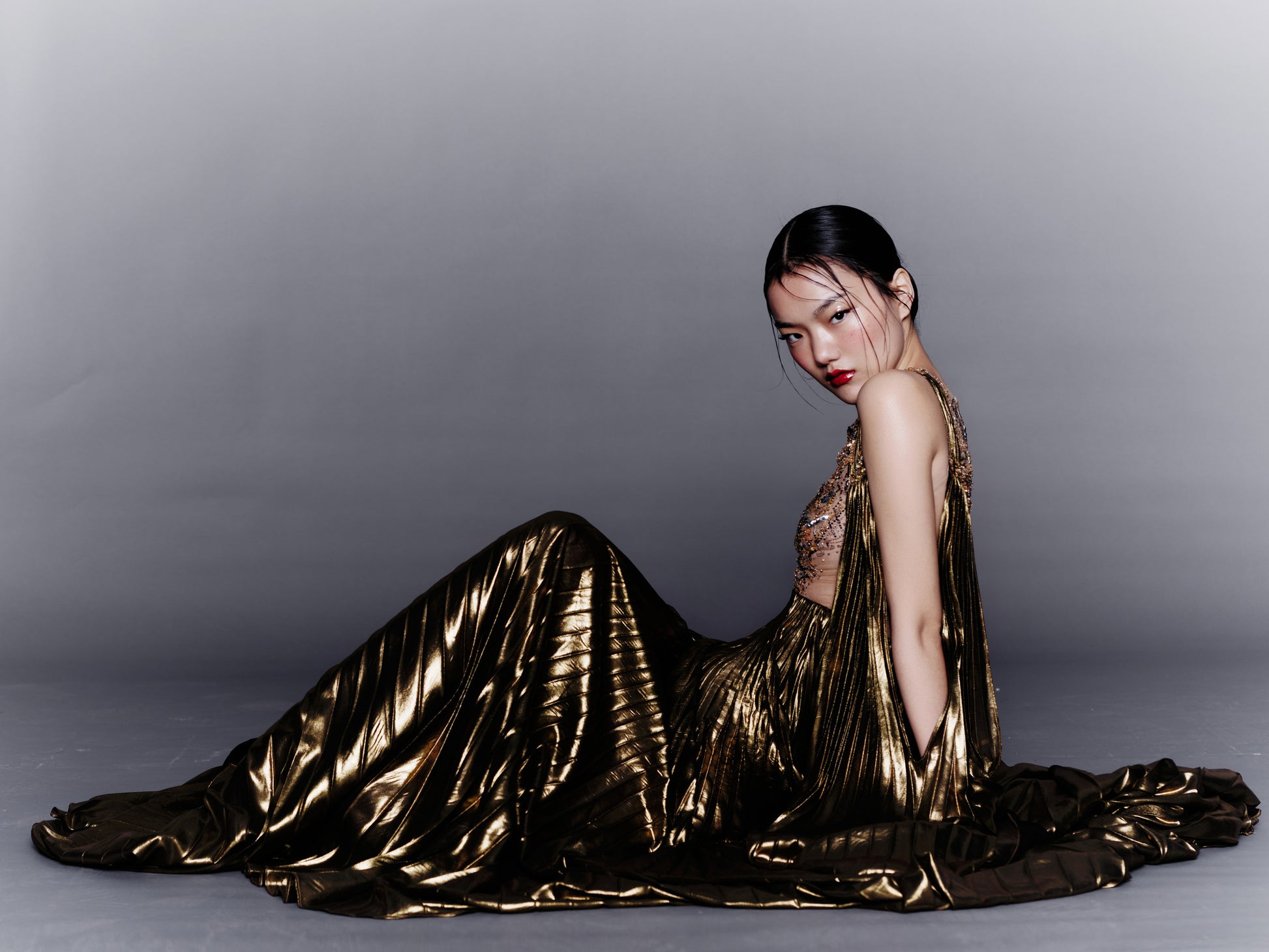 V&LOVE Gold Foil Embellished Pleated Gown — view 3