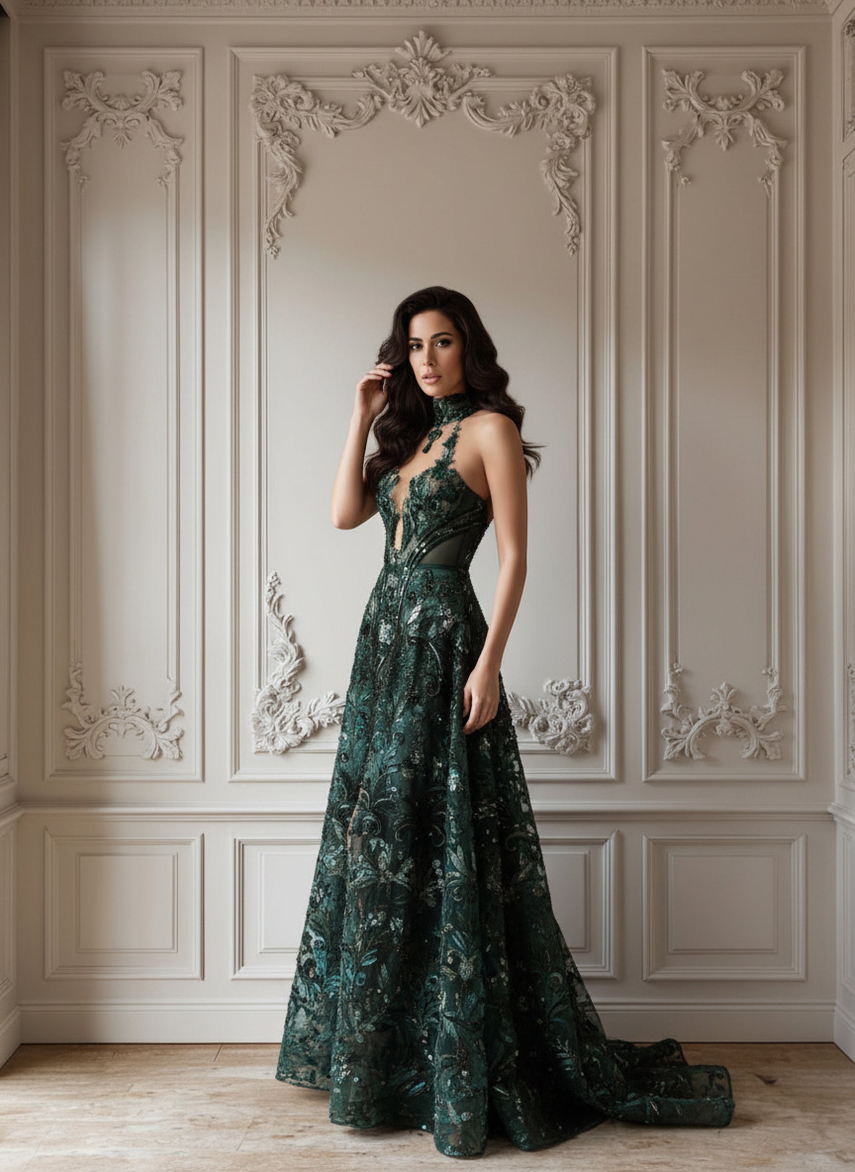 V&LOVE Green Deep V-Neck A-Line Spaghetti Strap Gown — view 1