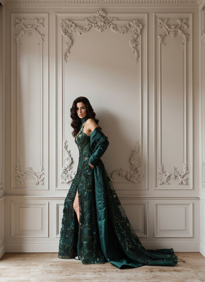 V&LOVE Green Deep V-Neck A-Line Spaghetti Strap Gown — view 2