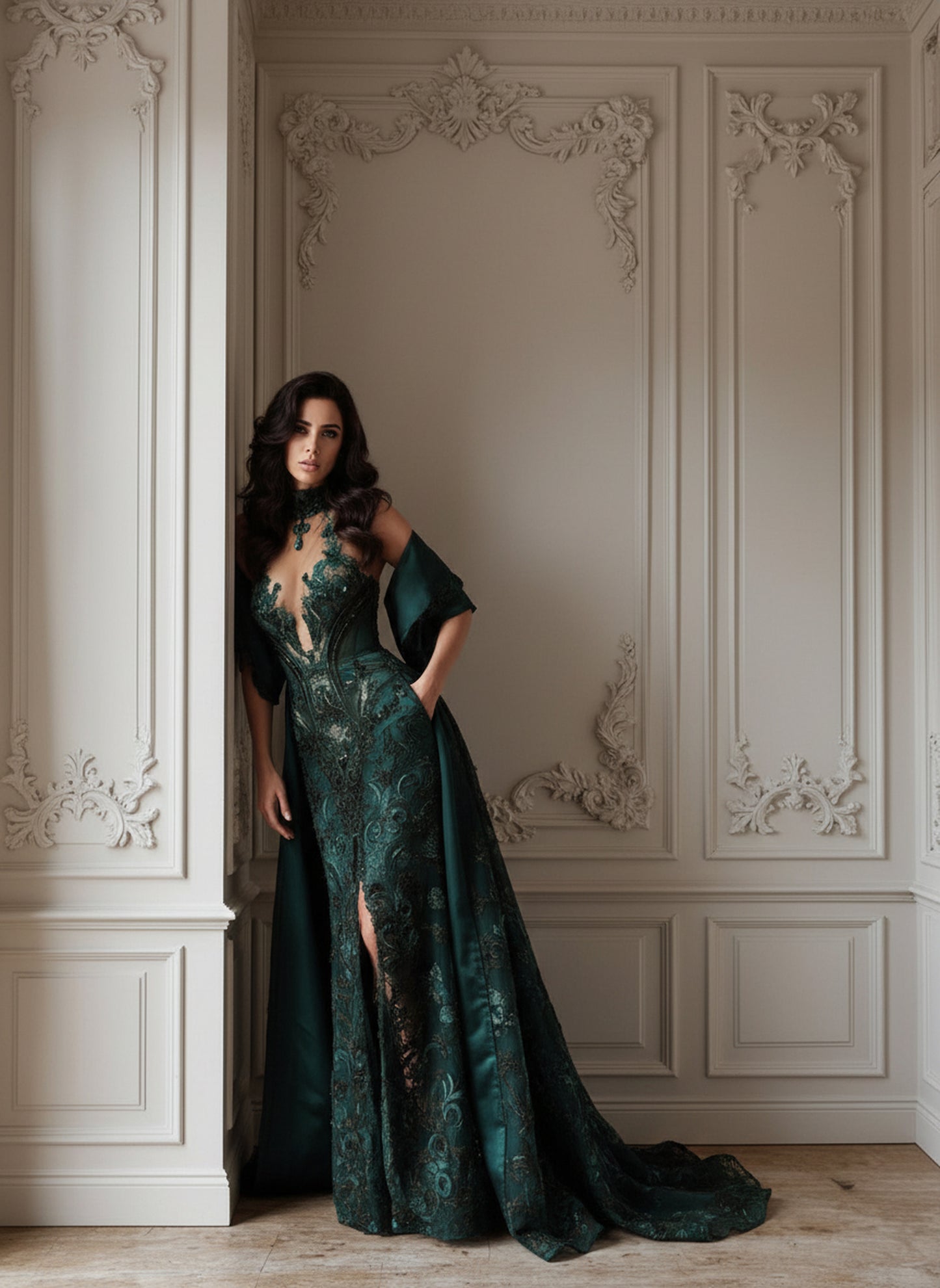 V&LOVE Green Deep V-Neck A-Line Spaghetti Strap Gown — view 3