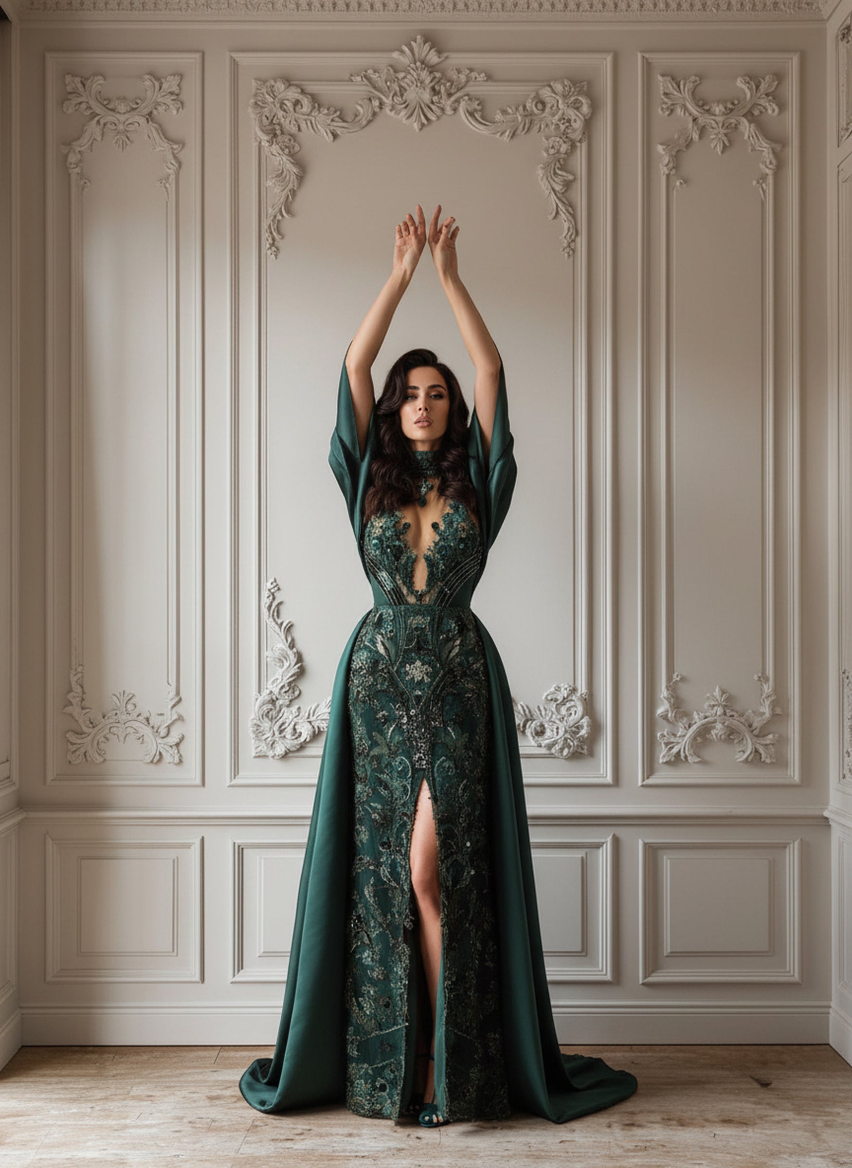 V&LOVE Green Deep V-Neck A-Line Spaghetti Strap Gown — view 4