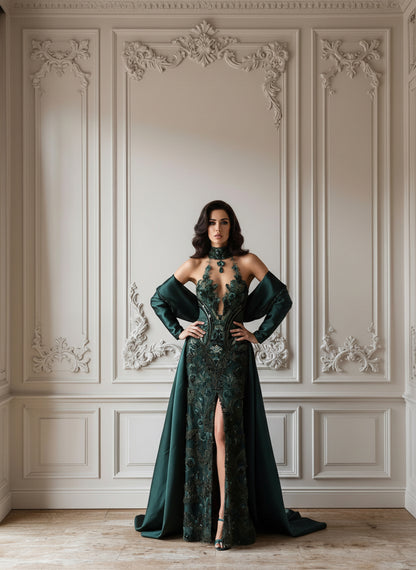V&LOVE Green Deep V-Neck A-Line Spaghetti Strap Gown — view 5