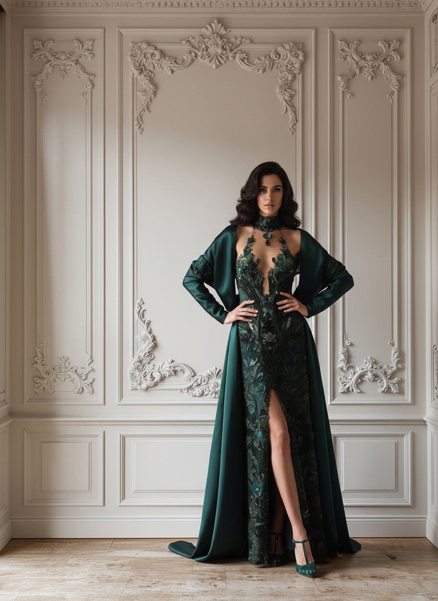 V&LOVE Green Deep V-Neck A-Line Spaghetti Strap Gown — view 7