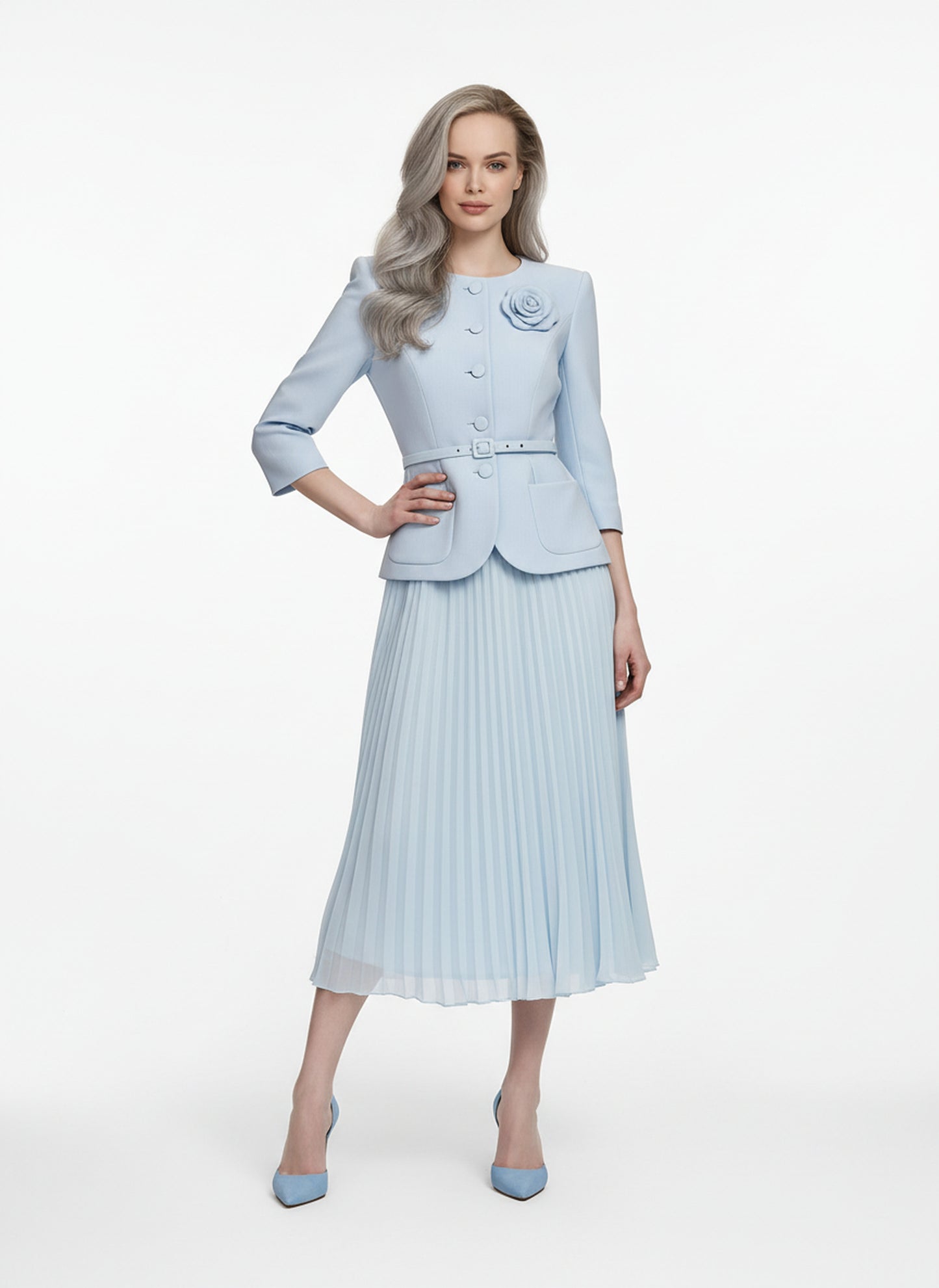 V&LOVE Light Blue Floral Pleated Dress — view 1