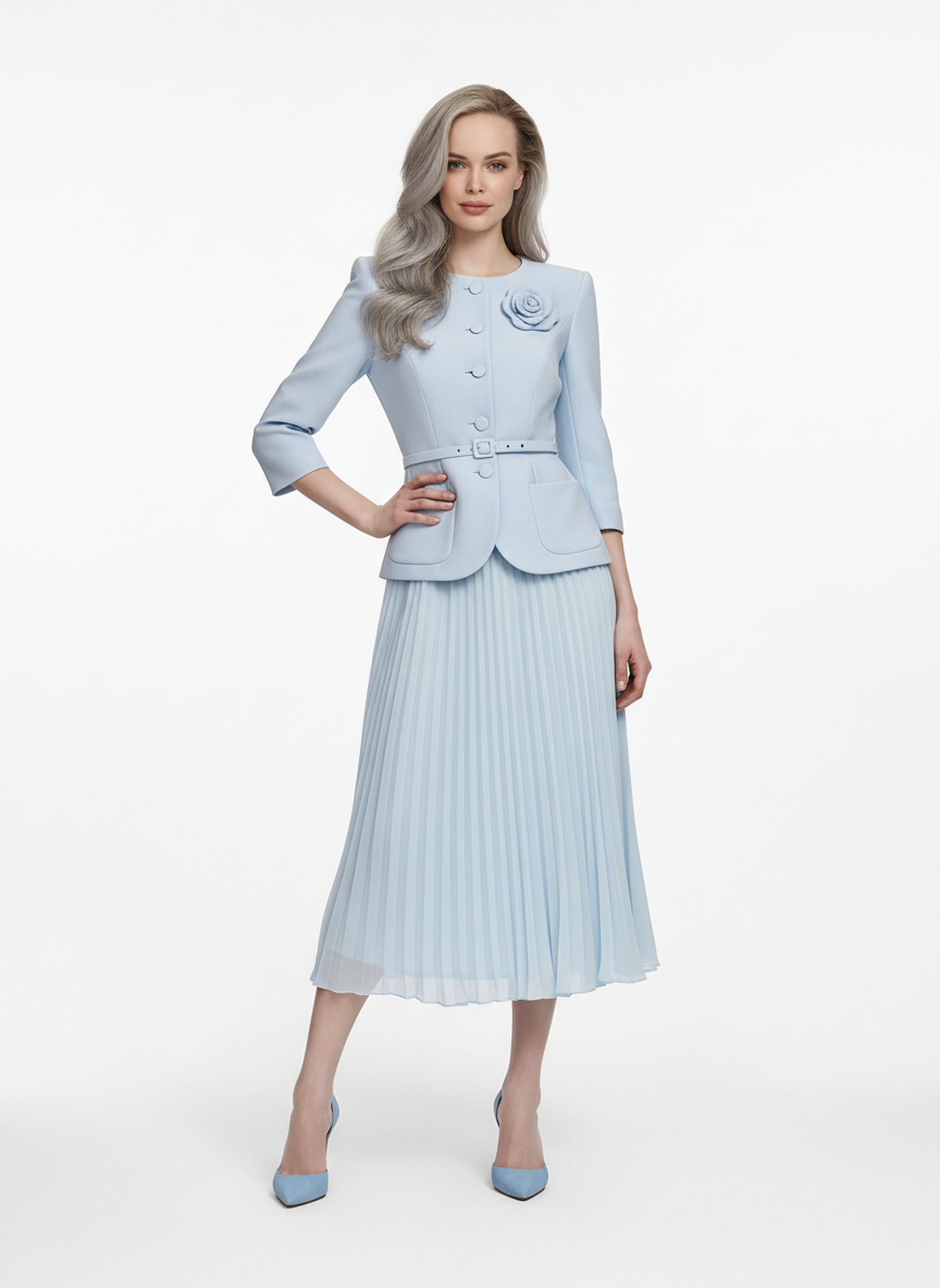V&LOVE Light Blue Floral Pleated Dress — view 1