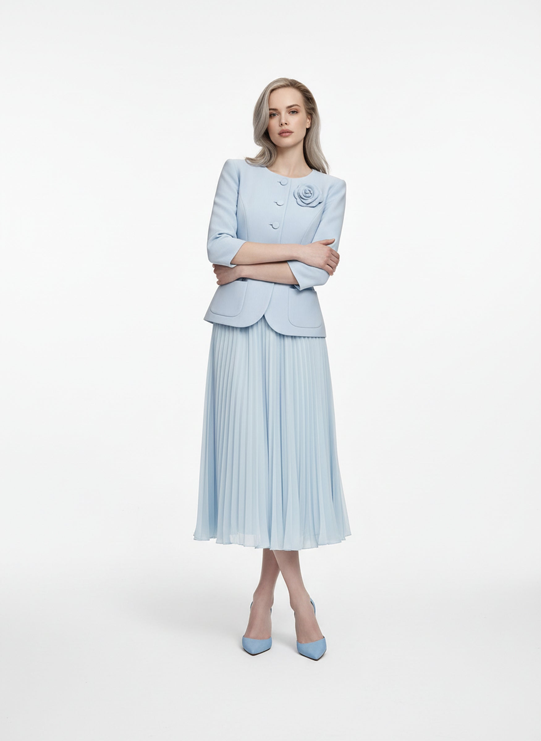 V&LOVE Light Blue Floral Pleated Dress — view 3