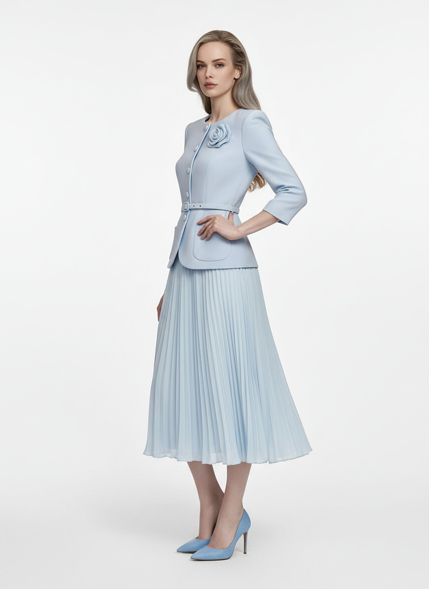 V&LOVE Light Blue Floral Pleated Dress — view 4