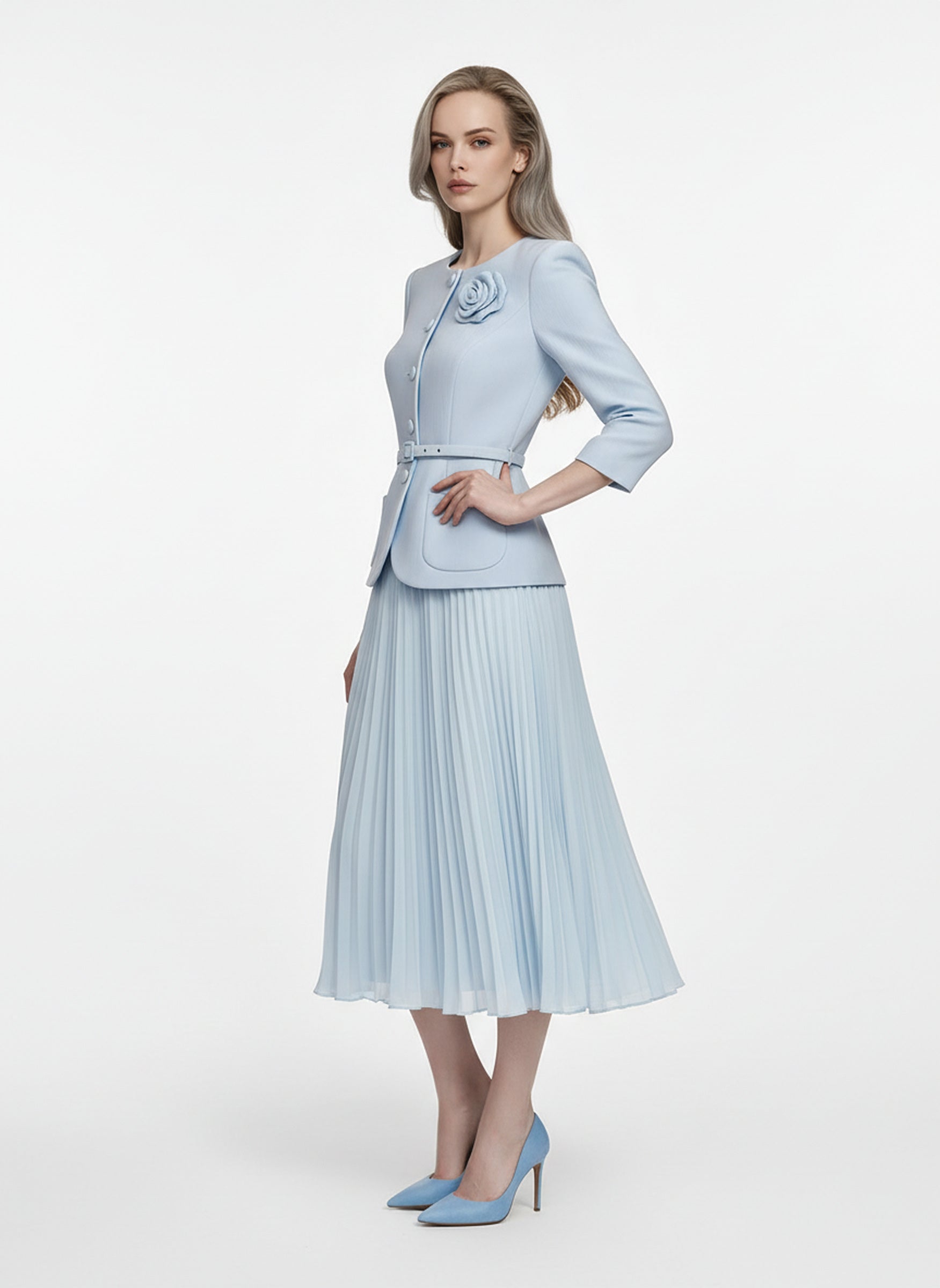 V&LOVE Light Blue Floral Pleated Dress — view 4