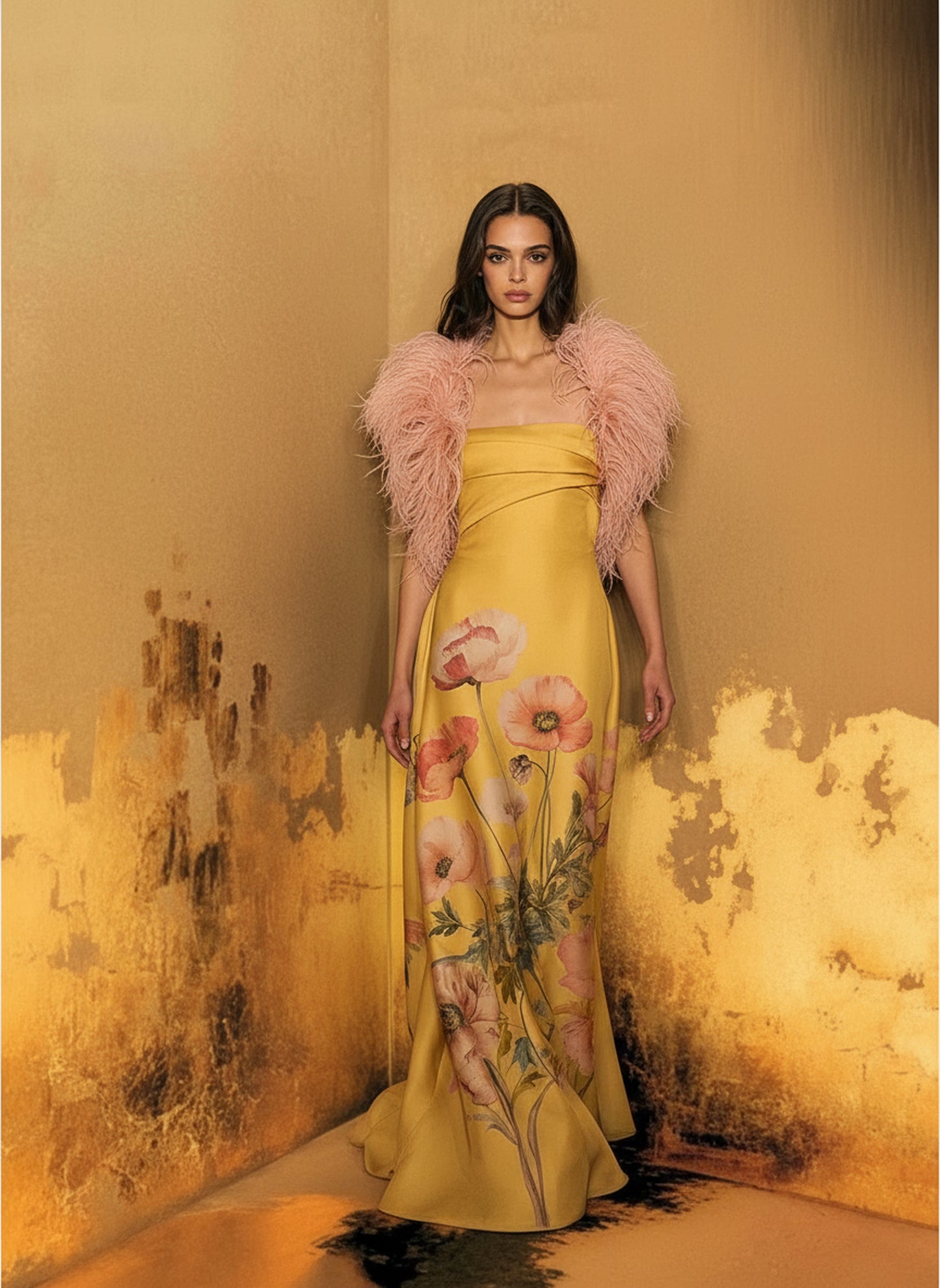 V&LOVE Poppy Print A-Line Dress with Ostrich Feather Trim — view 2