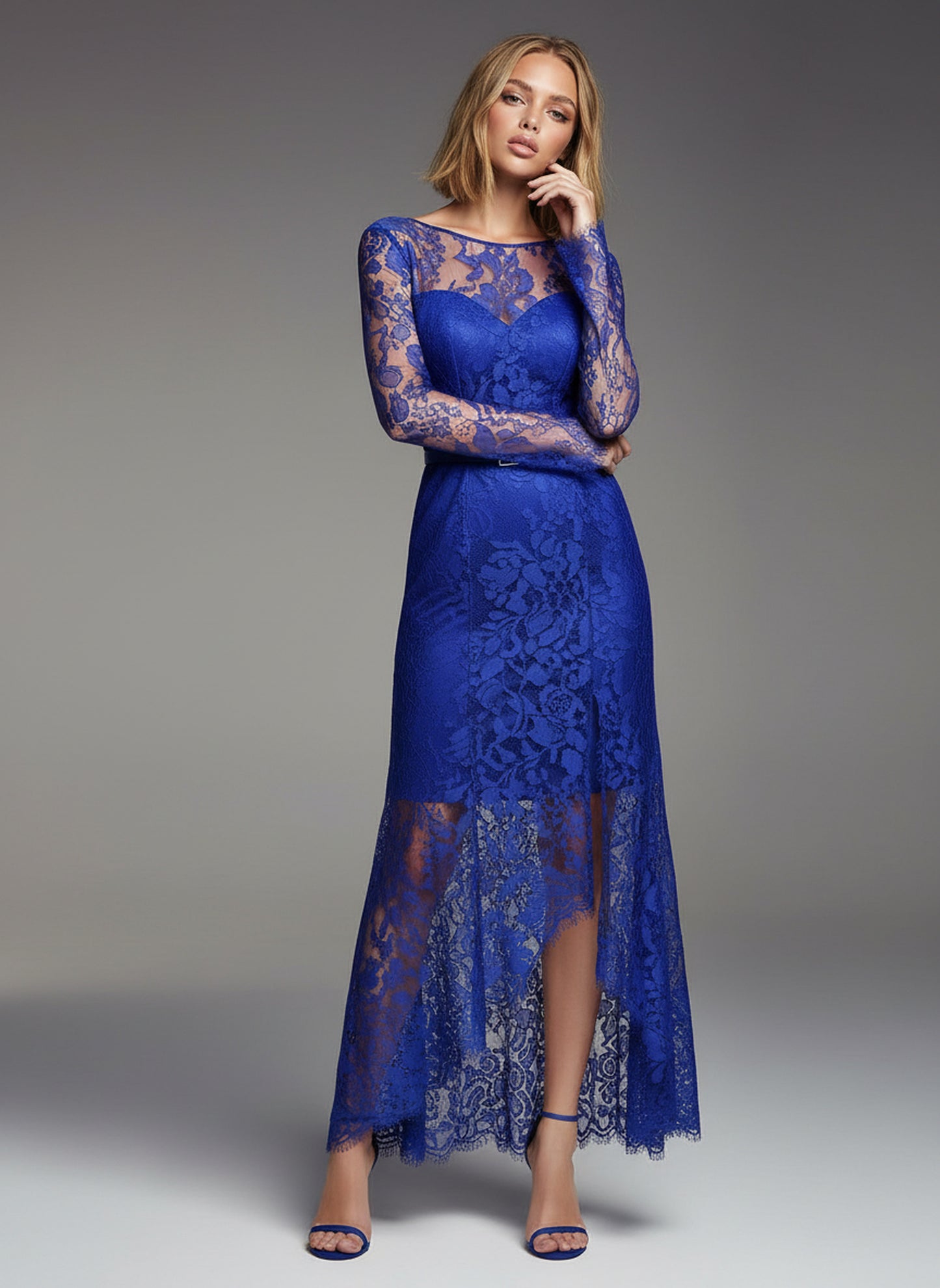 V&LOVE Royal Blue High-Slit Long-Sleeve Gown — view 8