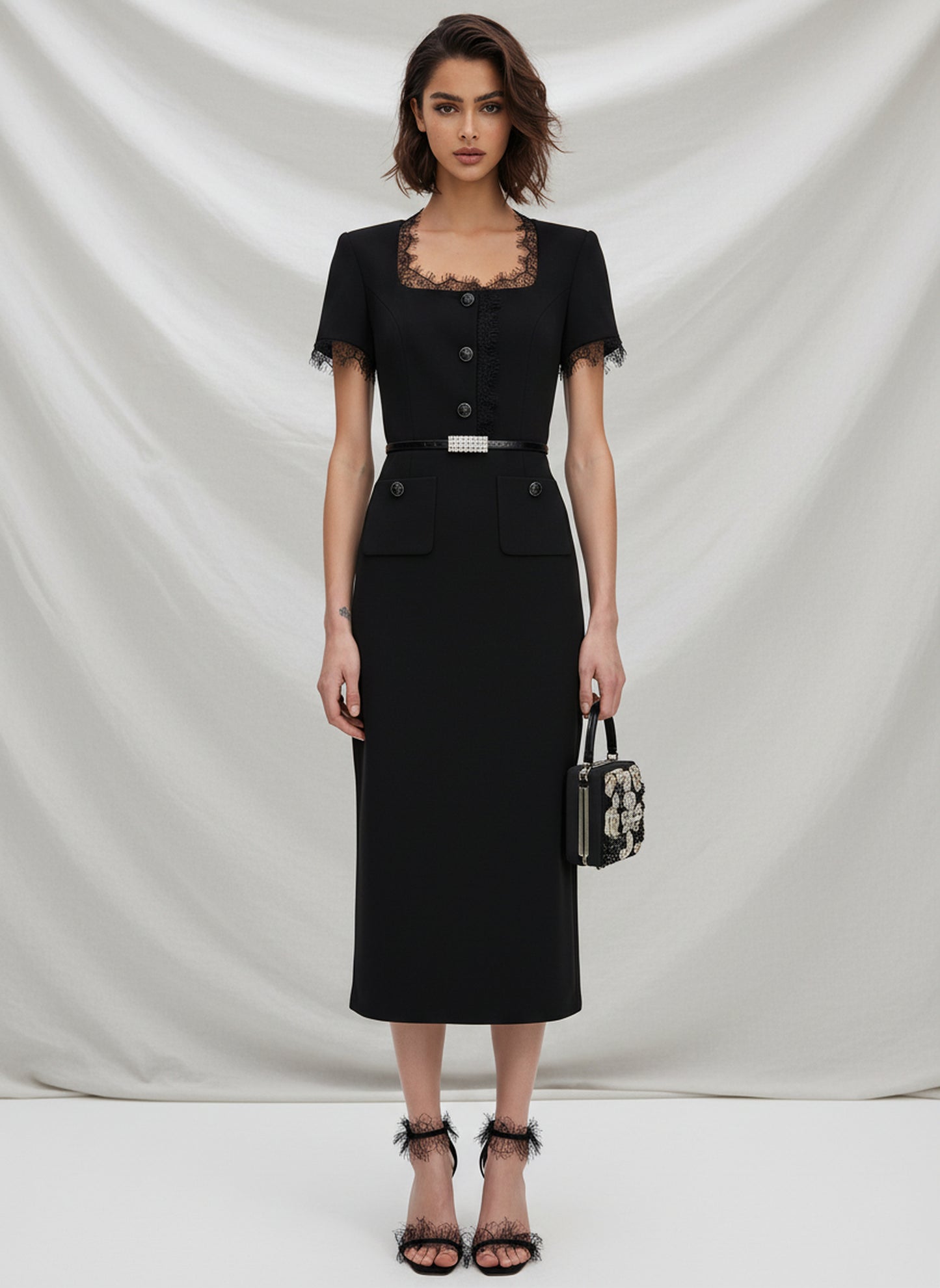 V&LOVE Square-Neck Silk Wool Lace-Trim Dress — view 1