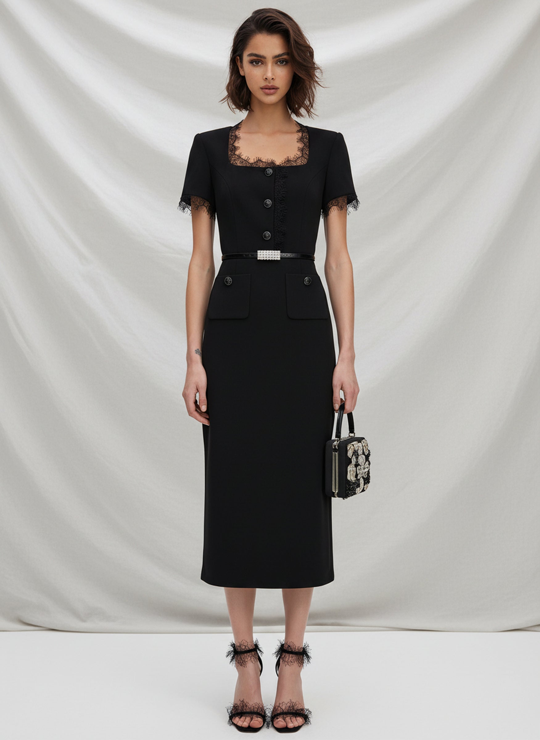 V&LOVE Square-Neck Silk Wool Lace-Trim Dress — view 1