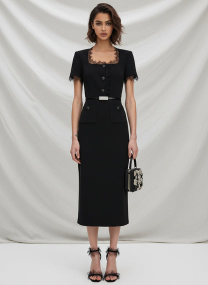 V&LOVE Square-Neck Silk Wool Lace-Trim Dress — view 1