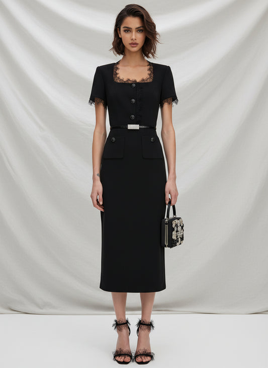 V&LOVE Square-Neck Silk Wool Lace-Trim Dress — view 1