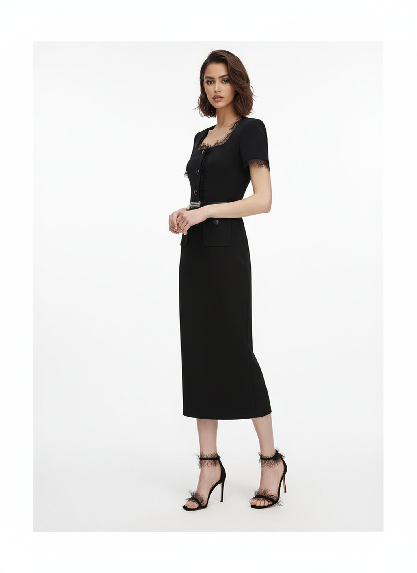 V&LOVE Square-Neck Silk Wool Lace-Trim Dress — view 2