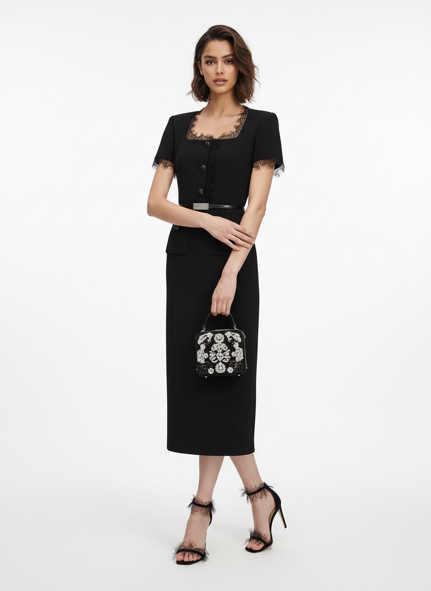 V&LOVE Square-Neck Silk Wool Lace-Trim Dress — view 3
