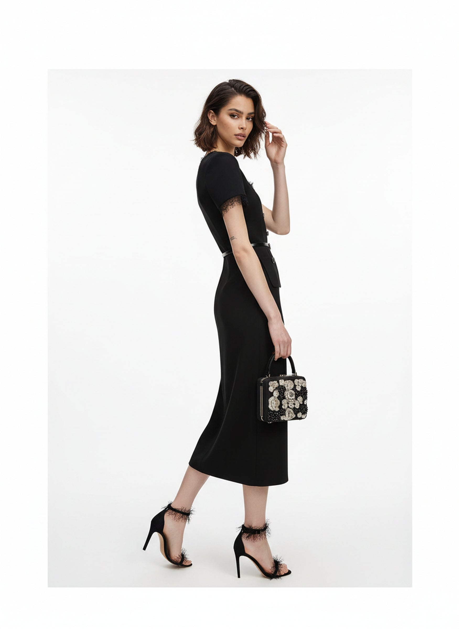 V&LOVE Square-Neck Silk Wool Lace-Trim Dress — view 4