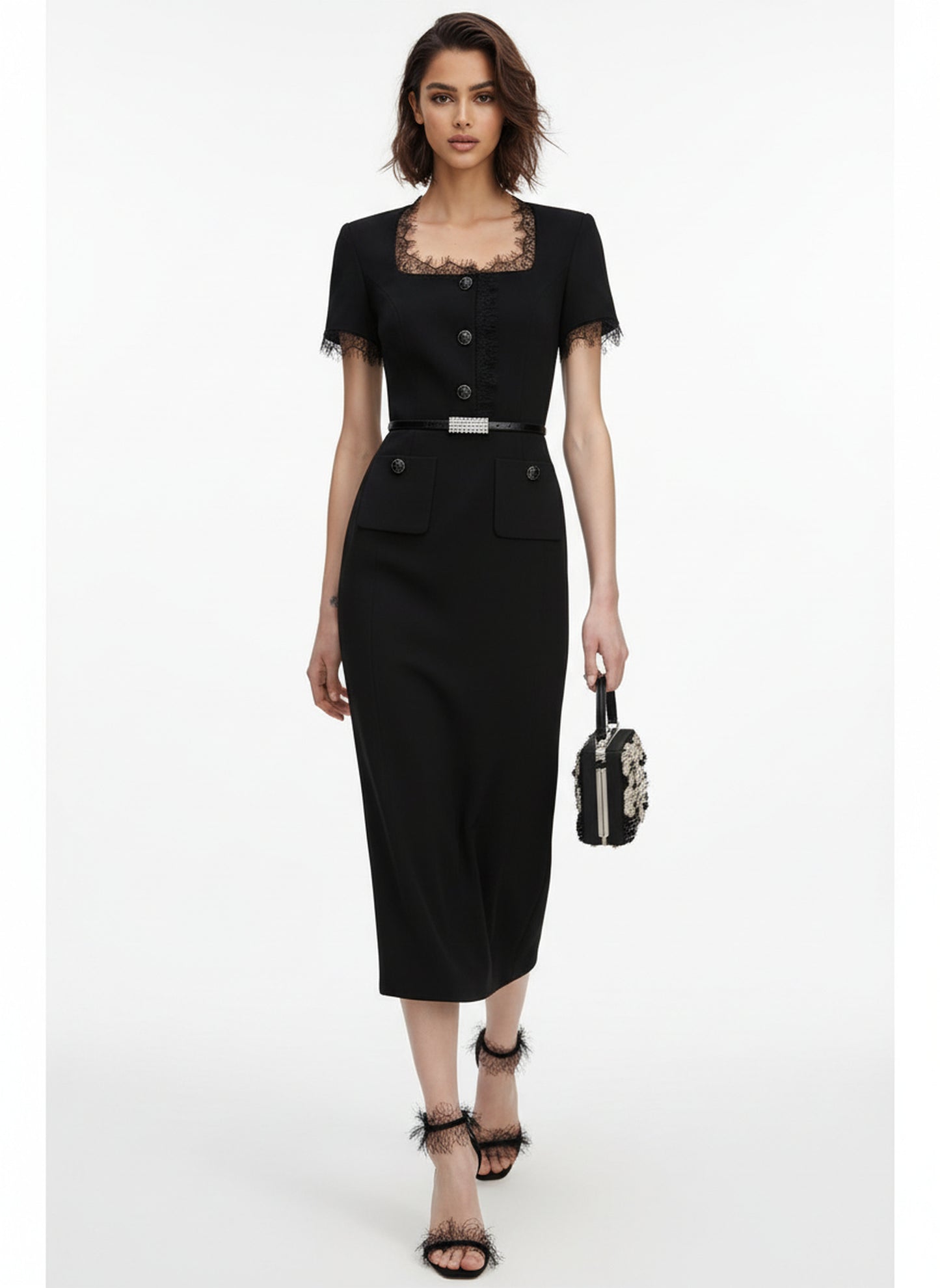 V&LOVE Square-Neck Silk Wool Lace-Trim Dress — view 6