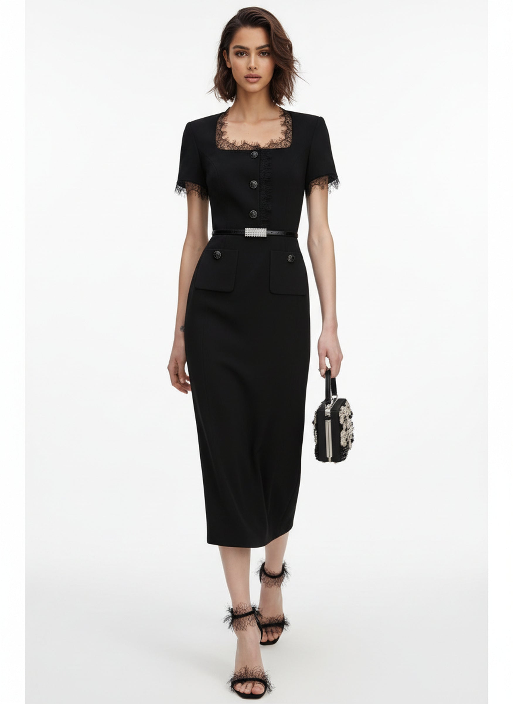 V&LOVE Square-Neck Silk Wool Lace-Trim Dress — view 6