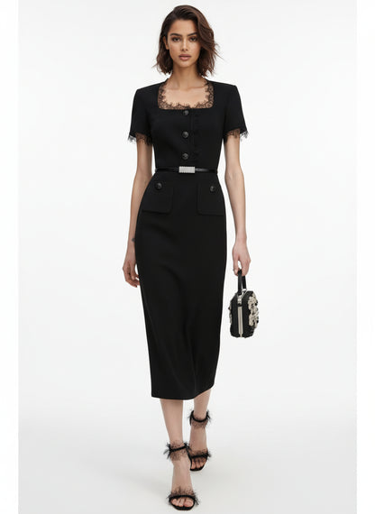 V&LOVE Square-Neck Silk Wool Lace-Trim Dress — view 6