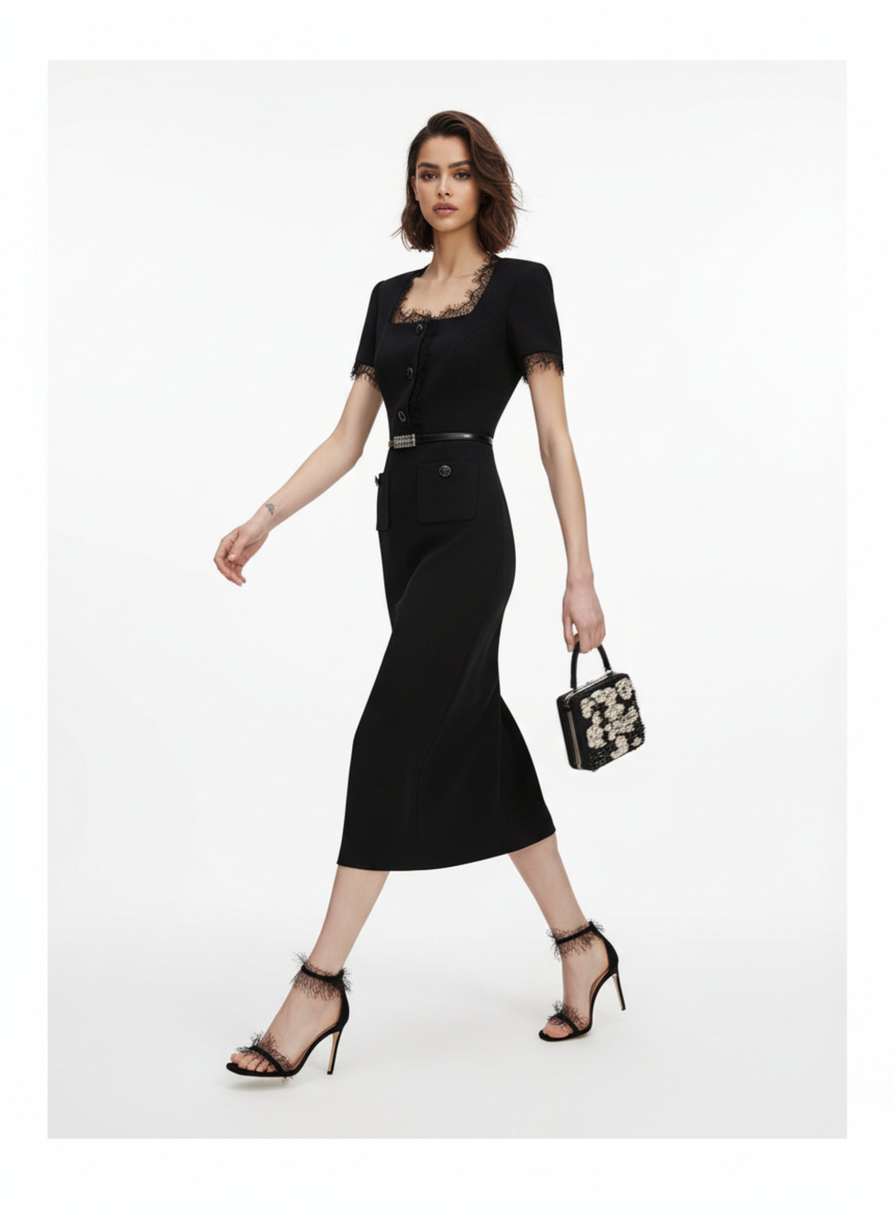 V&LOVE Square-Neck Silk Wool Lace-Trim Dress — view 7
